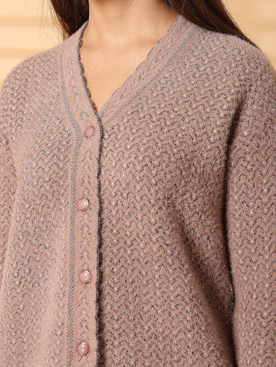 Light brown woolen knitted cardigan with full sleeves and button details.