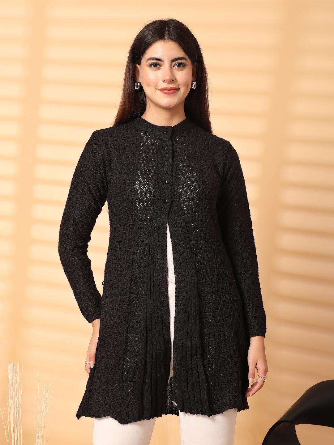 Black embellished longline woolen cardigan with full sleeves.