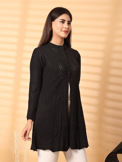Black embellished longline woolen cardigan with full sleeves and statement sparkle.