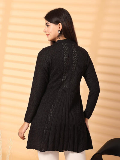 Black embellished longline woolen cardigan with full sleeves, featuring elegant statement embellishments for winter fashion.