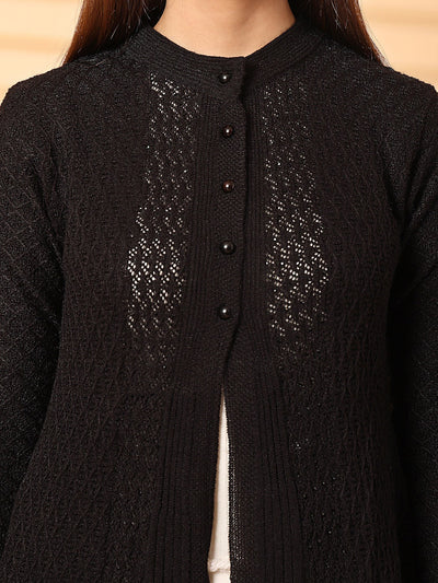 Black embellished longline woolen cardigan with full sleeves and elegant design.