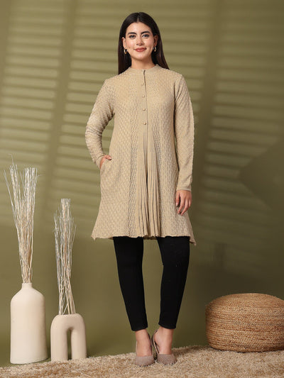 Fawn Embellished Longline Woolen Cardigan by Clora Creation, featuring full sleeves and statement embellishments.