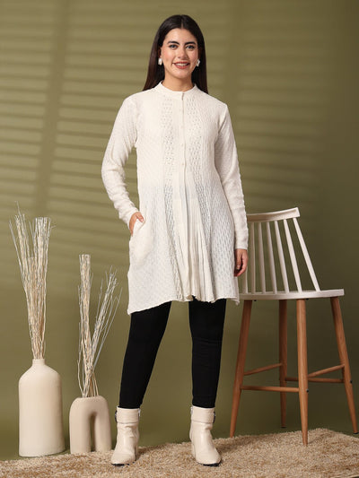 White embellished longline woolen cardigan perfect for winter elegance.