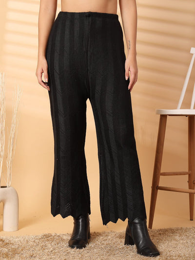 Black Solid Cut Work Woolen Palazzo with intricate hem detailing, offering warmth and elegance.