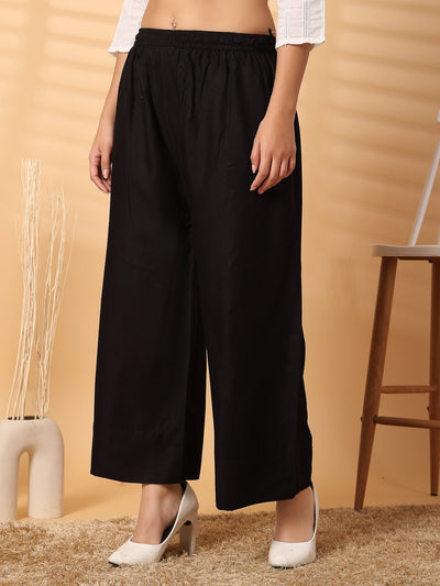 Black solid rayon straight palazzo with wide leg fit and elasticated waistband.