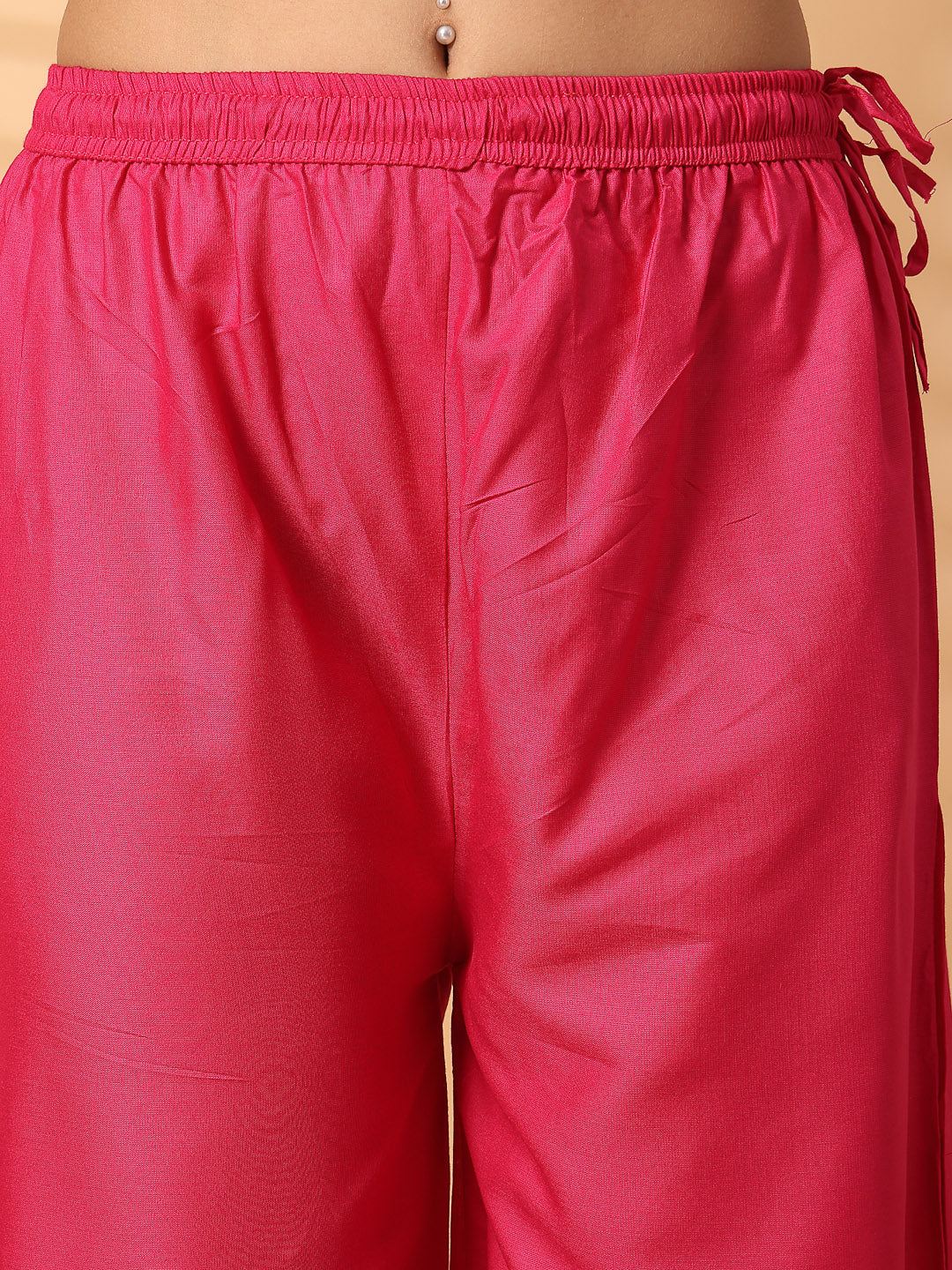 Magenta solid rayon straight palazzo with elastic waistband and wide leg fit.