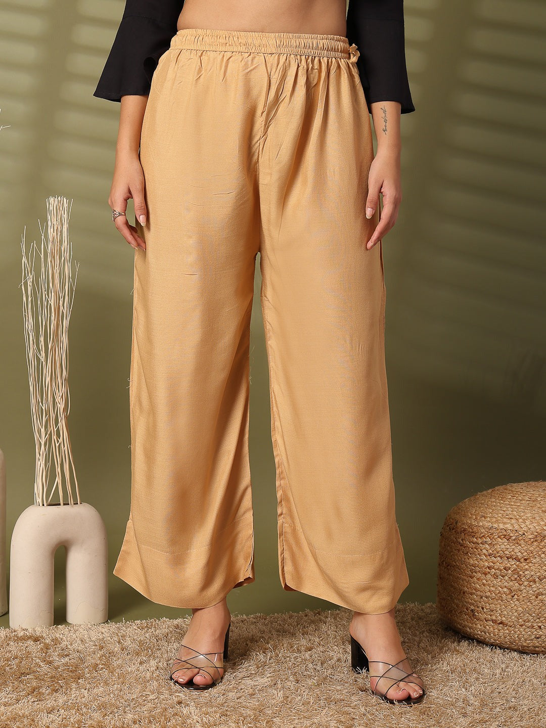 Fawn solid rayon straight palazzo with elastic waistband and wide leg fit.