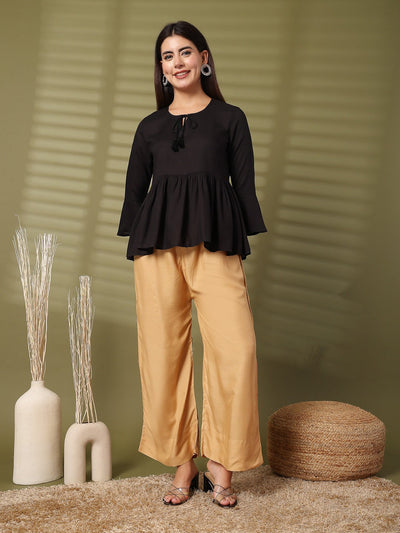 Fawn solid rayon straight palazzo with wide leg fit and elasticated waistband.