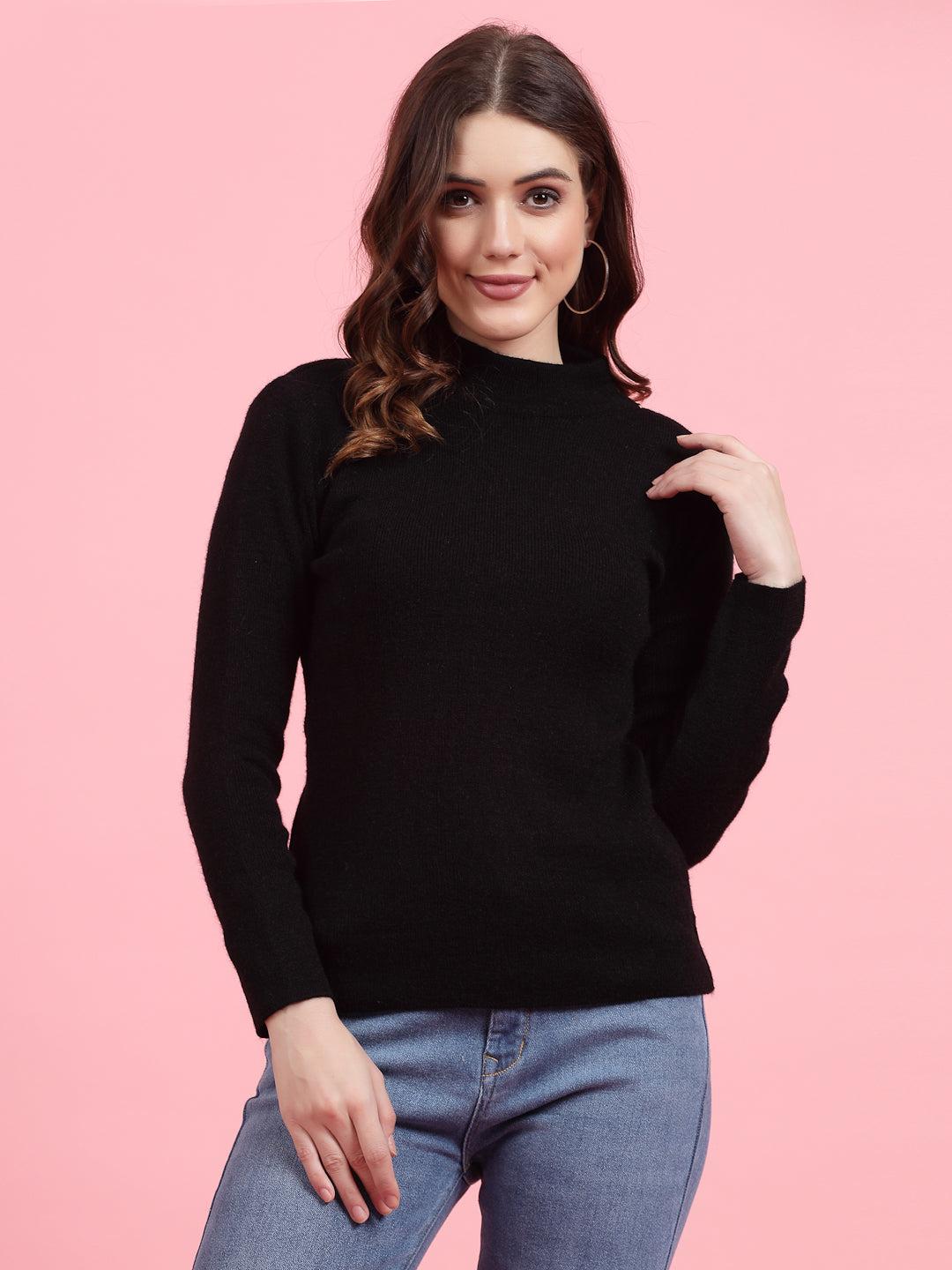 Solid highneck full sleeve woolen casual top for women, black, Clora Creation.