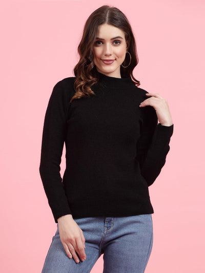 Solid highneck full sleeve woolen casual top for women, black, Clora Creation.