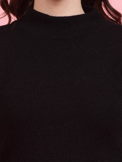 Solid highneck full sleeve woolen casual top in black.