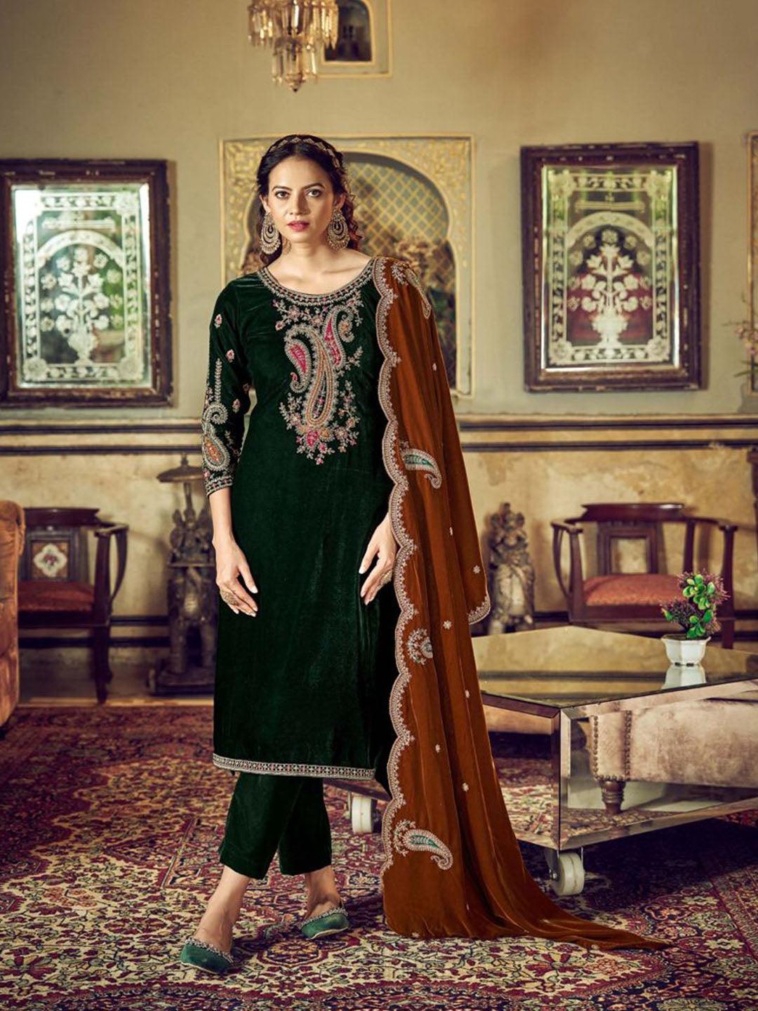 Bottle Green Embroidered Velvet Kurta with Dupatta Set