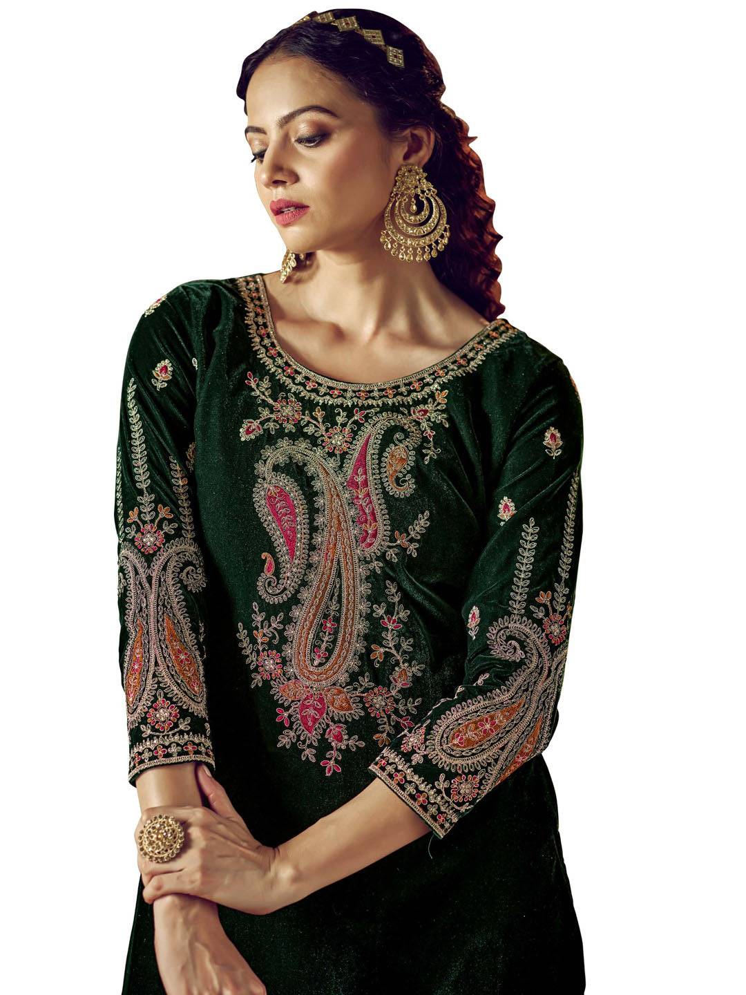 Bottle Green Embroidered Velvet Kurta with Dupatta Set