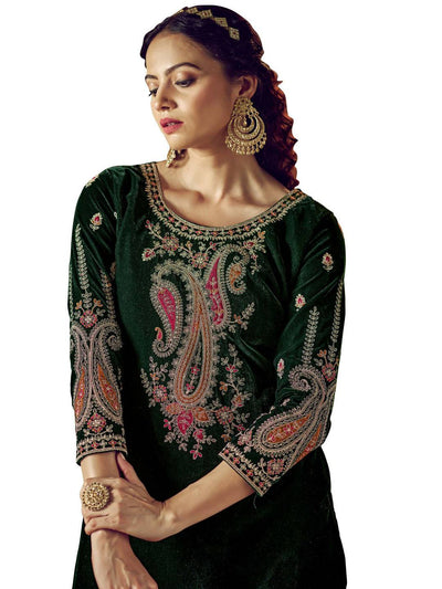 Bottle Green Embroidered Velvet Kurta with Dupatta Set