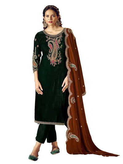 Bottle Green Embroidered Velvet Kurta with Dupatta Set