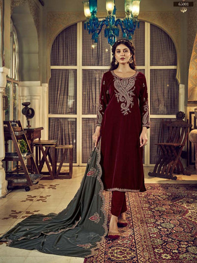 Maroon Embroidered Velvet Kurta with Dupatta Set