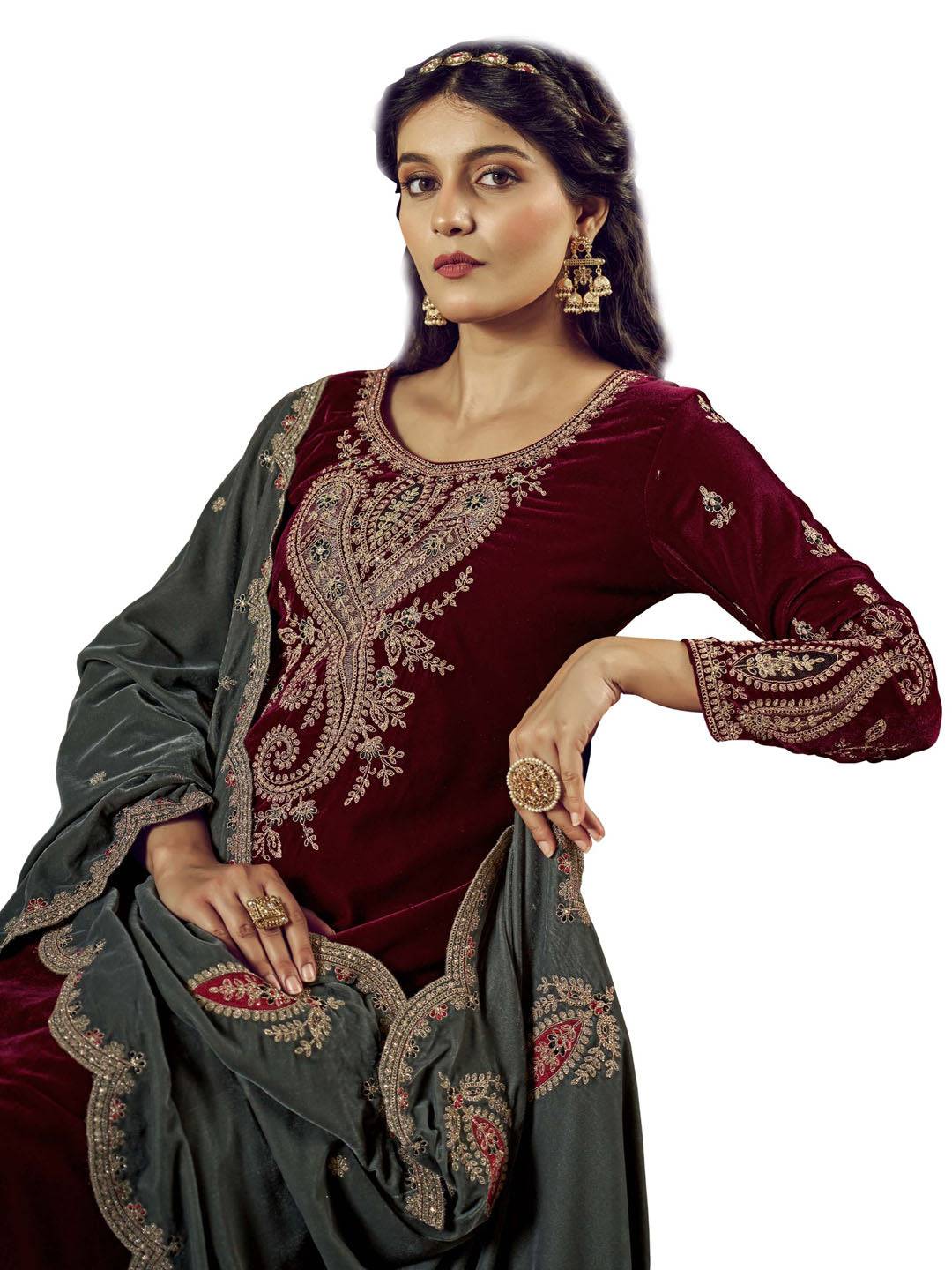 Maroon Embroidered Velvet Kurta with Dupatta Set