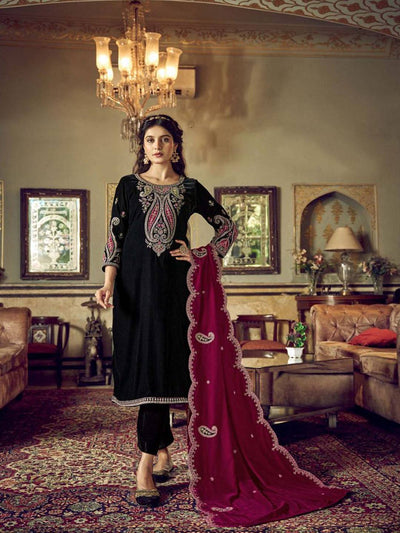 Black Embroidered Velvet Kurta with Dupatta Set
