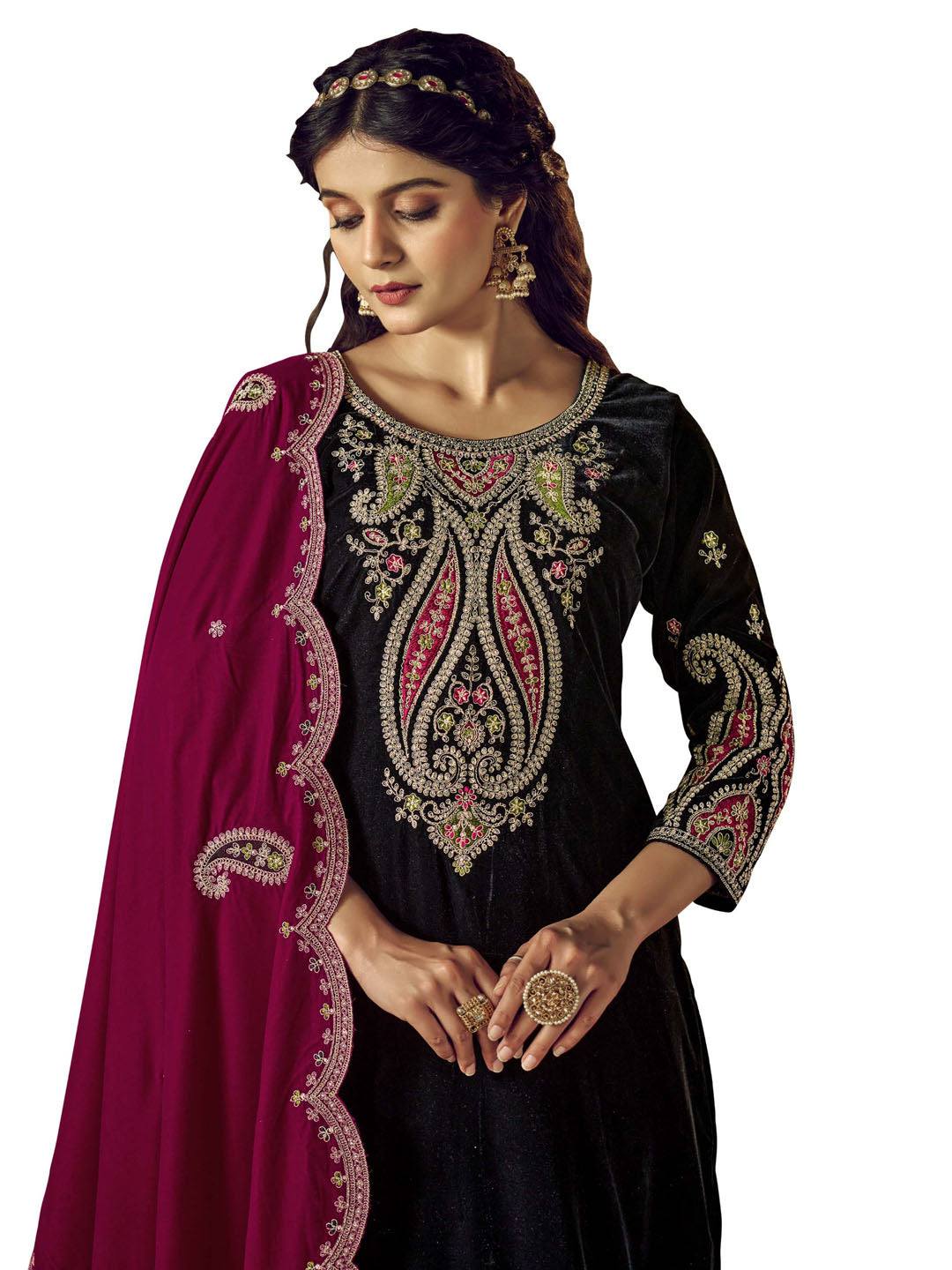 Black Embroidered Velvet Kurta with Dupatta Set