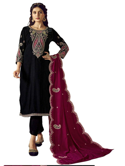Black Embroidered Velvet Kurta with Dupatta Set