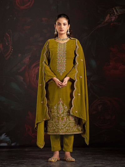 Light Mehandi Embroidered Velvet Kurta with Dupatta Set