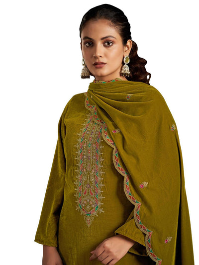 Light Mehandi Embroidered Velvet Kurta with Dupatta Set