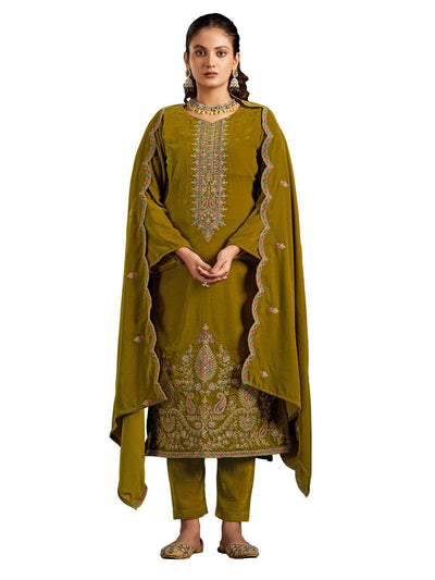 Light Mehandi Embroidered Velvet Kurta with Dupatta Set
