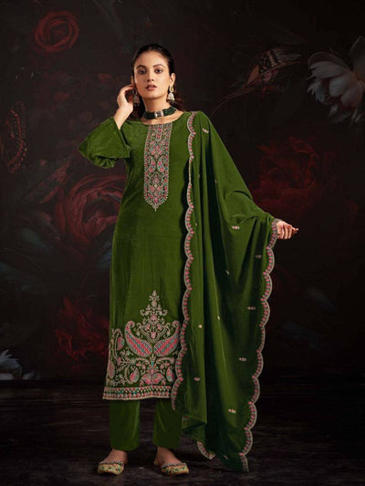 Grass Green Embroidered Velvet Kurta with Dupatta Set