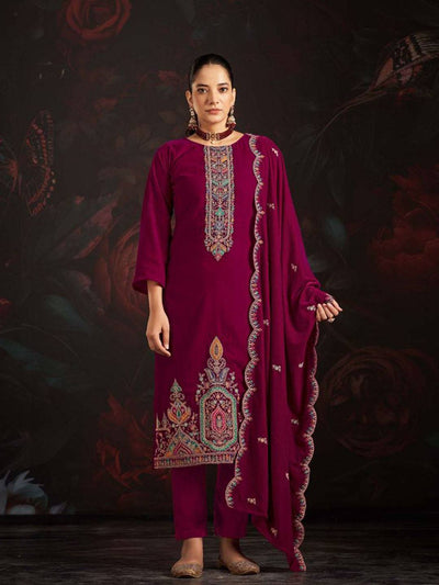 Magenta Embroidered Velvet Kurta with Dupatta Set