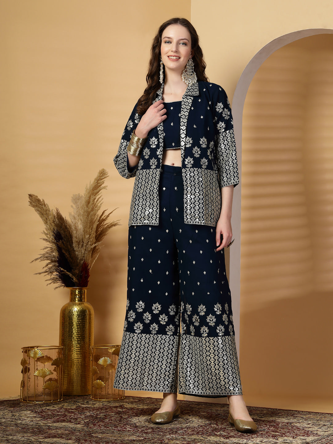 Peacock Blue Pure Georgette Sequinned Bustier Top with Sharara and Blazer Set