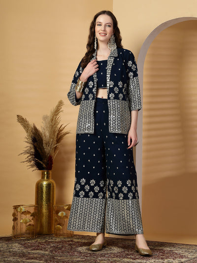 Peacock Blue Pure Georgette Sequinned Bustier Top with Sharara and Blazer Set
