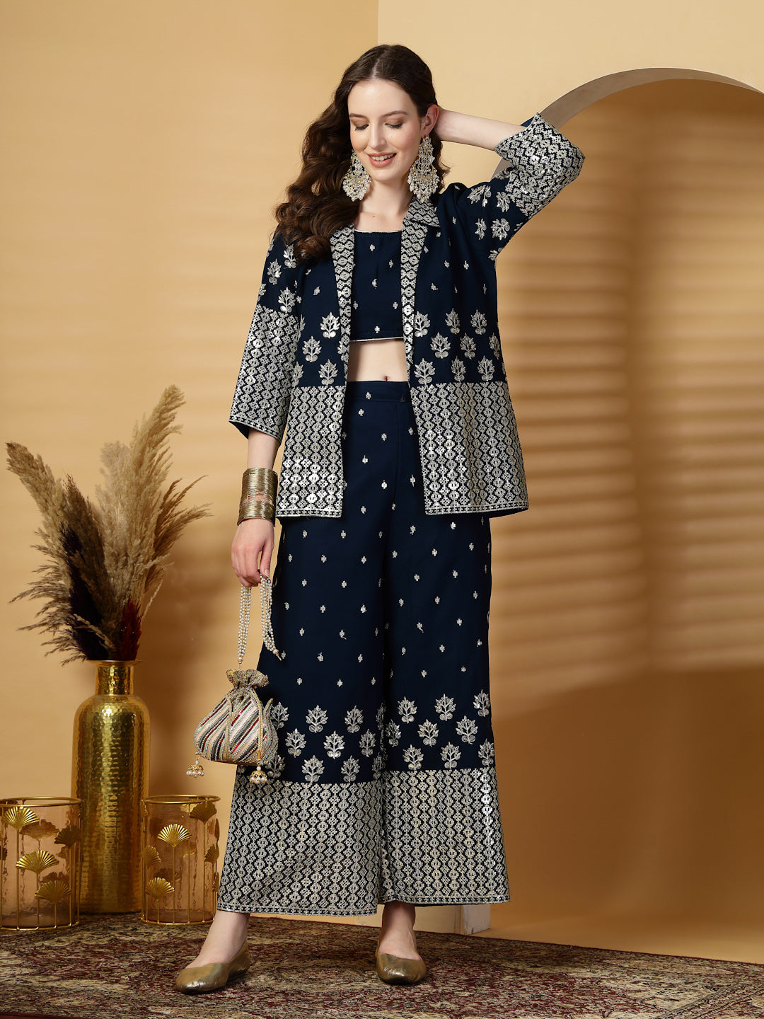 Peacock Blue Pure Georgette Sequinned Bustier Top with Sharara and Blazer Set