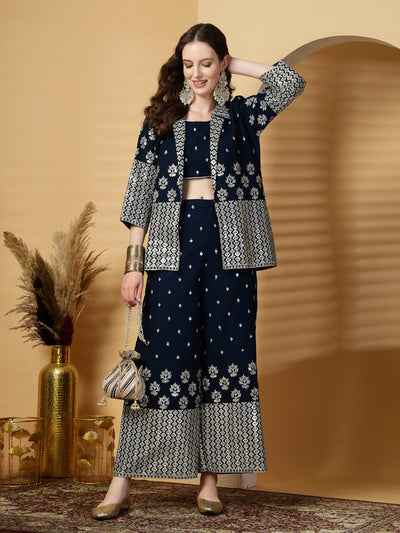 Peacock Blue Pure Georgette Sequinned Bustier Top with Sharara and Blazer Set