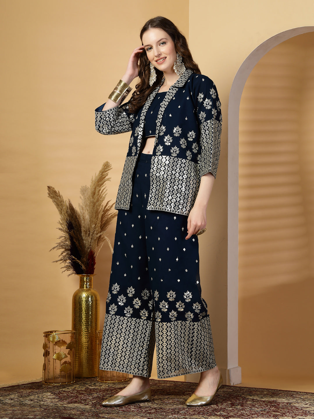 Peacock Blue Pure Georgette Sequinned Bustier Top with Sharara and Blazer Set