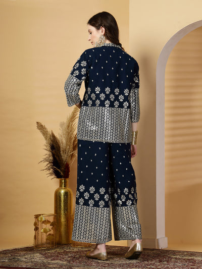 Peacock Blue Pure Georgette Sequinned Bustier Top with Sharara and Blazer Set