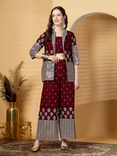 Wine Pure Georgette Sequinned Bustier Top with Sharara and Blazer Set