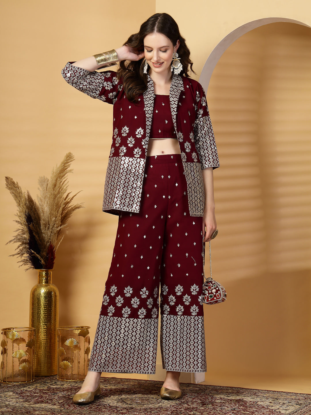 Wine Pure Georgette Sequinned Bustier Top with Sharara and Blazer Set