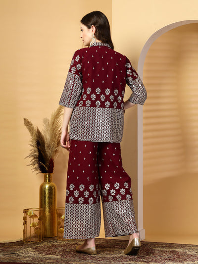 Wine Pure Georgette Sequinned Bustier Top with Sharara and Blazer Set