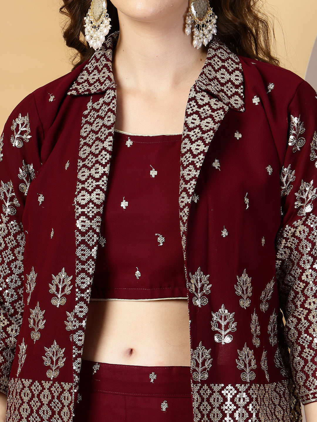 Wine Pure Georgette Sequinned Bustier Top with Sharara and Blazer Set