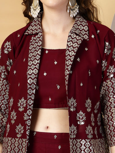 Wine Pure Georgette Sequinned Bustier Top with Sharara and Blazer Set