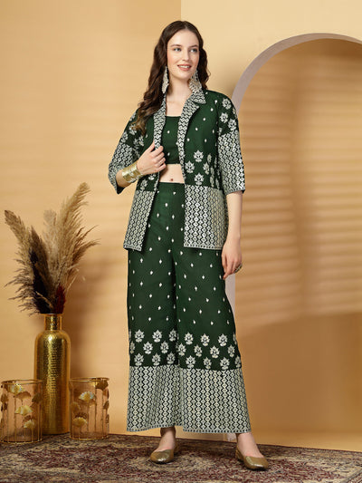 Bottle Green Pure Georgette Sequinned Bustier Top with Sharara and Blazer Set