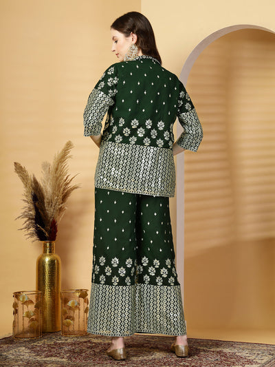 Bottle Green Pure Georgette Sequinned Bustier Top with Sharara and Blazer Set