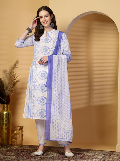 Royal Blue Printed Cotton Kurta Set with Dupatta