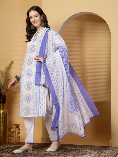 Royal Blue Printed Cotton Kurta Set with Dupatta