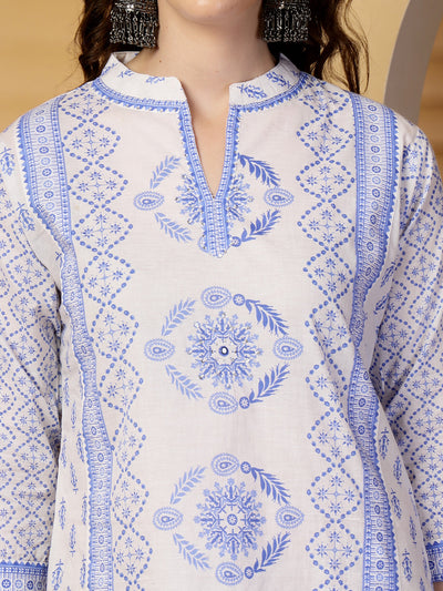 Royal Blue Printed Cotton Kurta Set with Dupatta
