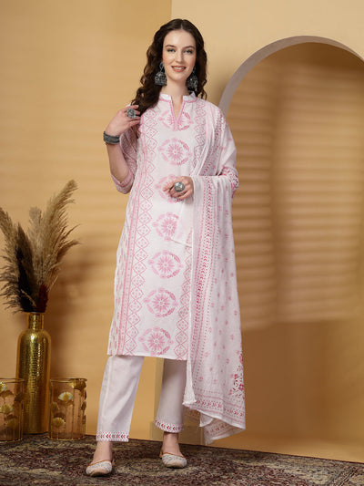 Magenta Printed Cotton Kurta Set with Dupatta