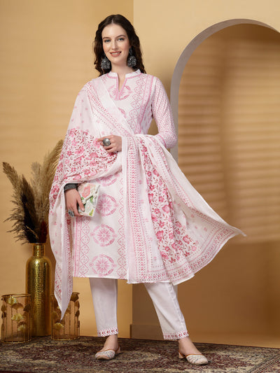 Magenta Printed Cotton Kurta Set with Dupatta