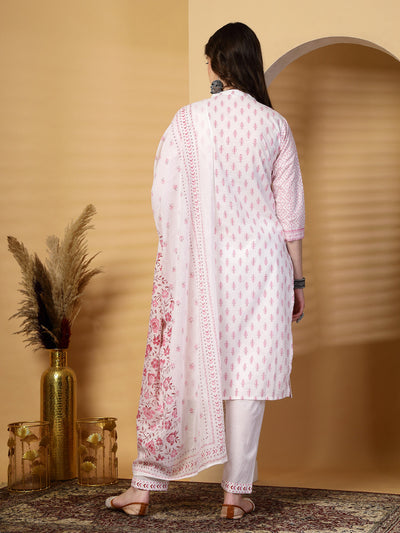 Magenta Printed Cotton Kurta Set with Dupatta