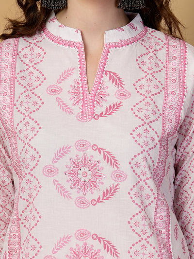 Magenta Printed Cotton Kurta Set with Dupatta