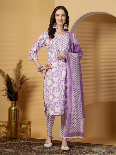 Mauve Floral Print Rayon Kurta Set with Dupatta